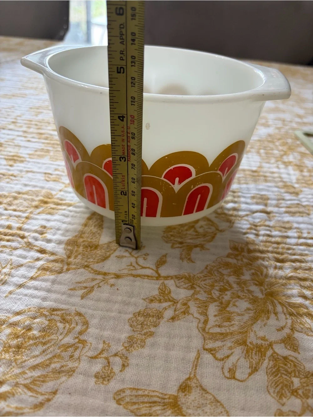 Vintage Pyrex White Mixing Bowl with Orange and Gold Retro Arch Design